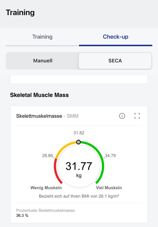 MySports-App, Bereich Training, Check-up, SECA: die Skelettmuskelmasse als Tacho-Anzeige mit Vergleichswerten