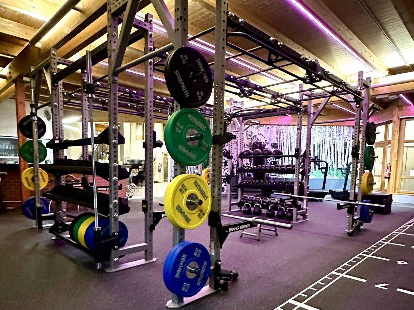 Die Hammer-Strength-Box mit Racks und bunten Hantelscheiben im Abendlicht