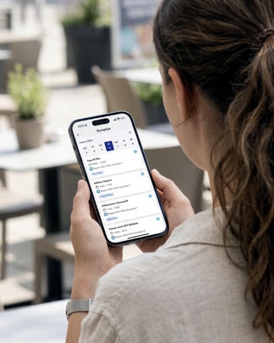Mitglied schaut auf der Terrasse in der MySports-App den Kursplan an